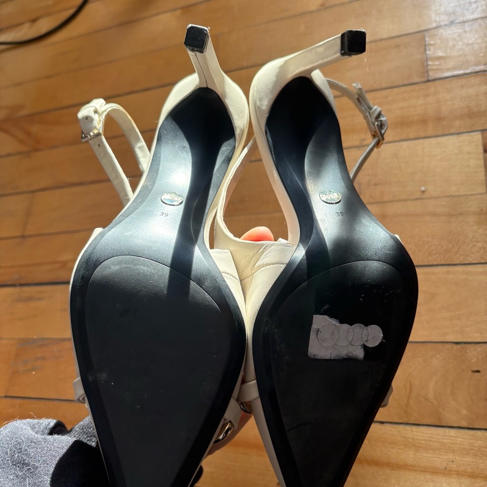 Zara Sz 8.5 (39) Cream Gold Chain Pointy Toes Leather High Heels Pump - Picture 11 of 12